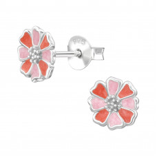 Hibiscus Flower Sterling Silver Ear Studs with Light Orange and Light Pink Epoxy