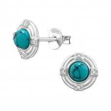 8mm Circle Sterling Silver Ear Studs with 4mm Imitation Turquoise Stone and White Cubic Zirconia