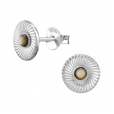 8mm Rippled Circle Sterling Silver Ear Studs with 2.5mm Round Shell