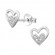 7mm Dotted Heart in Heart Sterling Silver Ear Studs with Cubic Zirconia
