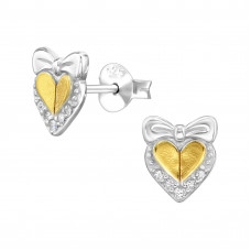 Heart with Bow Sterling Silver Ear Studs with Cubic Zirconia (Two Tone Plated)