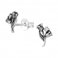Two Tulips Sterling Silver Oxidized Ear Studs with Cubic Zirconia
