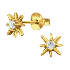7mm Eight-Pointed Star Sterling Silver Gold Plated Ear Studs with Cubic Zirconia
