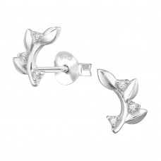 Leaf with Vine Motif Sterling Silver Ear Studs with 6x Cubic Zirconia