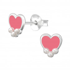 7mm Heart Sterling Silver Ear Studs with Pink Epoxy and Imitation Pearl