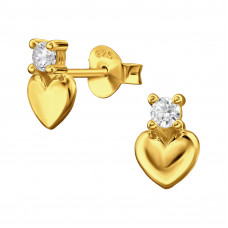 Heart Gold Plated Sterling Silver Gold Plated Ear Studs with Round 4 Prong Cubic Zirconia on Top