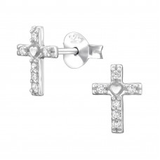Cross with Heart Sterling Silver Ear Studs with Cubic Zirconia