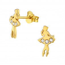 Ballet Dancer Sterling Silver Gold Plated Ear Studs with 6x Crystal