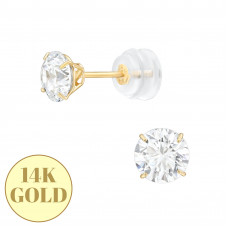5mm 4 Prong 14k Solid Gold Ear Studs with Round 7A Grade Cubic Zirconia