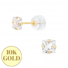 4mm Square Cubic Zirconia 4 Prong 10K Gold Ear Studs