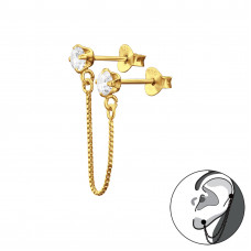 Silver 4mm Round Ear Jacket with Hanging Chain and Cubic Zirconia