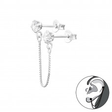 Silver 4mm Round Ear Jacket with Hanging Chain and Cubic Zirconia