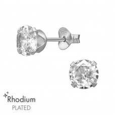 6mm Sterling Silver Rhodium Plated Ear Studs with Round 4 Prong Cubic Zirconia
