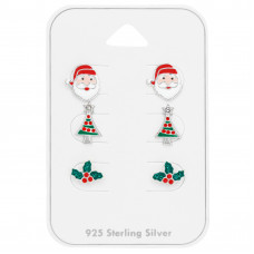 Christmas Children's Sterling Silver Set and Jewelry on Card with Crystal and Epoxy