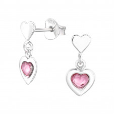 Hearts Sterling Silver Ear Studs with Synthetic Pink Heart
