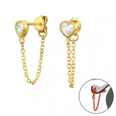 Heart Sterling Silver Ear Jacket with Cubic Zirconia and Connector Chain