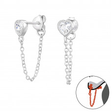 Heart Sterling Silver Ear Jacket with Cubic Zirconia and Connector Chain
