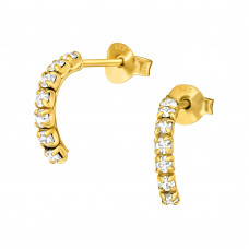 Semi Hoops Sterling Silver Gold Plated Ear Studs with Crystal 14x