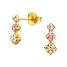 Vertical Sterling Silver Gold Plated Ear Studs with Round Rainbow Crystal