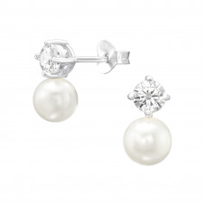 Silver Duo Stone Ear Studs with Cubic Zirconia and Imitation Pearl