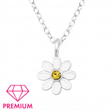 Daisy Flower Children's Sterling Silver Necklace with Crystal and Epoxy