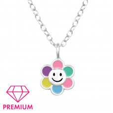 Flower Smiley Children's Sterling Silver Necklace with Epoxy