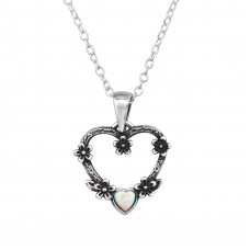 Open Heart with Flowers Sterling Silver Oxidized Necklace with Heart Synthetic Opal