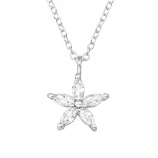 Five Petal Flower Sterling Silver Necklace with 5x Cubic Zirconia