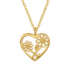 Heart with Sun Flower Sterling Silver Gold Plated Necklace with Cubic Zirconia and Epoxy
