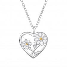 Heart with Sun Flower Sterling Silver Necklace with Cubic Zirconia and Epoxy