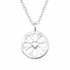 10mm Cut Out Flower with Heart Sterling Silver Necklace