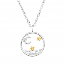 Moon and Stars Above Sea Sterling Silver Necklace with Cubic Zirconia (Two-Tone Plated)