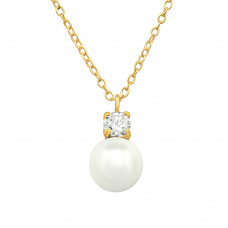 Sterling Silver Gold Plated Necklace with Round 4mm Cubic Zirconia and 8mm Imitation Pearl