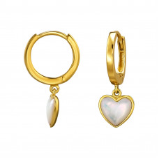 1.8x12mm Sterling Silver Gold Plated Huggie Hoops with Dangling 8mm Heart with Shell Mother of Pearl
