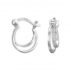 Double Banded Hoop Sterling Silver Ear Hoops with 14x Cubic Zirconia and French Lock