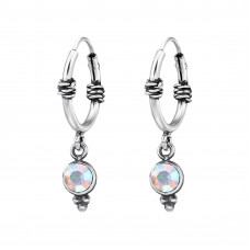 Round Sterling Silver Bali Hoops with Crystal