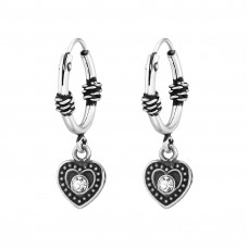 Heart Sterling Silver Bali Hoops with Crystal
