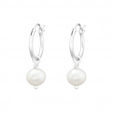 Silver Ear Hoops with Hanging Freshwater Pearl