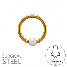 3mm Imitation Pearl 316 Surgical Steel Gold Color Captive Bead Ring (CBR) 1.2x10mm (16G)