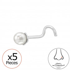 Flower Sterling Silver Nose Stud Nose Stud, Screw, Twist with 3mm Imitation Pearl x5