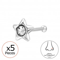 Star 4mm Sterling Silver Nose Stud with Crystal - 0.6mm (22G) x5