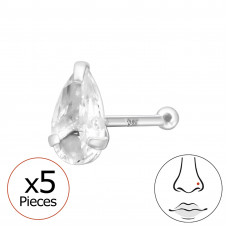 3x5mm Sterling Silver Nose Stud with Pear 3 Prong Cubic Zirconia - 0.6mm (22G) x5