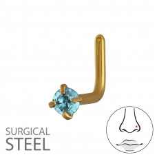 316 Surgical Steel Gold Color L-Shape Nose Stud 0.8x7x4.5mm (20G) with 2mm Round 4 Prong Cubic Zirconia