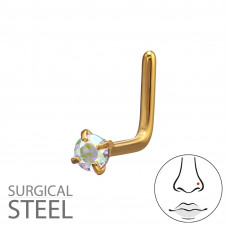 316 Surgical Steel Gold Color L-Shape Nose Stud 0.8x7x4.5mm (20G) with 2.5mm Round 4 Prong Cubic Zirconia