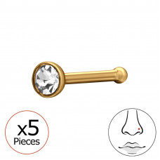 Round 2.5mm 316 Surgical Steel Gold Color Nose Stud with Crystal - 0.8mm (20G) x5