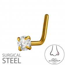 316 Surgical Steel Gold Color L-Shape Nose Stud 0.8x7x4.5mm (20G) with 2.5mm Round 4 Prong Cubic Zirconia