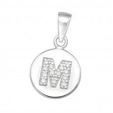 Letter M Sterling Silver Pendant with Cubic Zirconia
