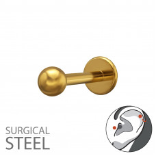 3mm Plain Ball Tragus, Helix, Upper Ear Piercing on 1.2x8mm (16G) 316 Surgical Steel Gold Color Threaded Barbell with Flat Back Disc