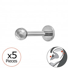 3mm Plain Ball Tragus, Helix, Upper Ear Piercing on 1.2x8mm (16G) 316 Surgical Steel Threaded Barbell with Flat Back Disc (x5)