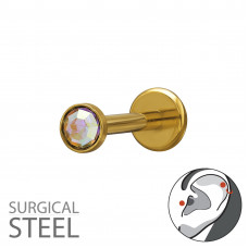 3mm Round with Crystal Tragus, Helix, Upper Ear Piercing on 1.2x8mm (16G) 316 Surgical Steel Gold Color Threaded Barbell with Flat Back Disc